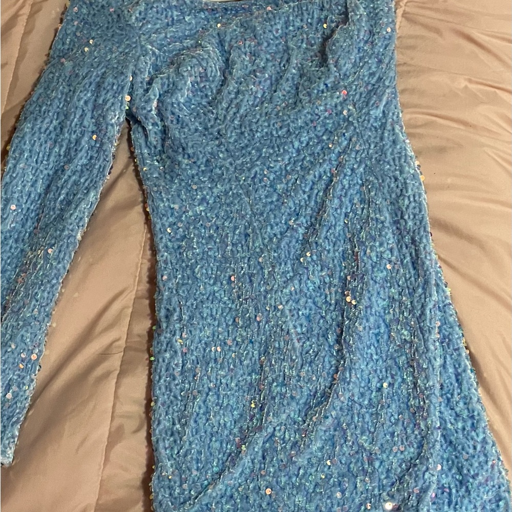Sequin Blue One Arm Long Sleeve Dress With Thigh Slit